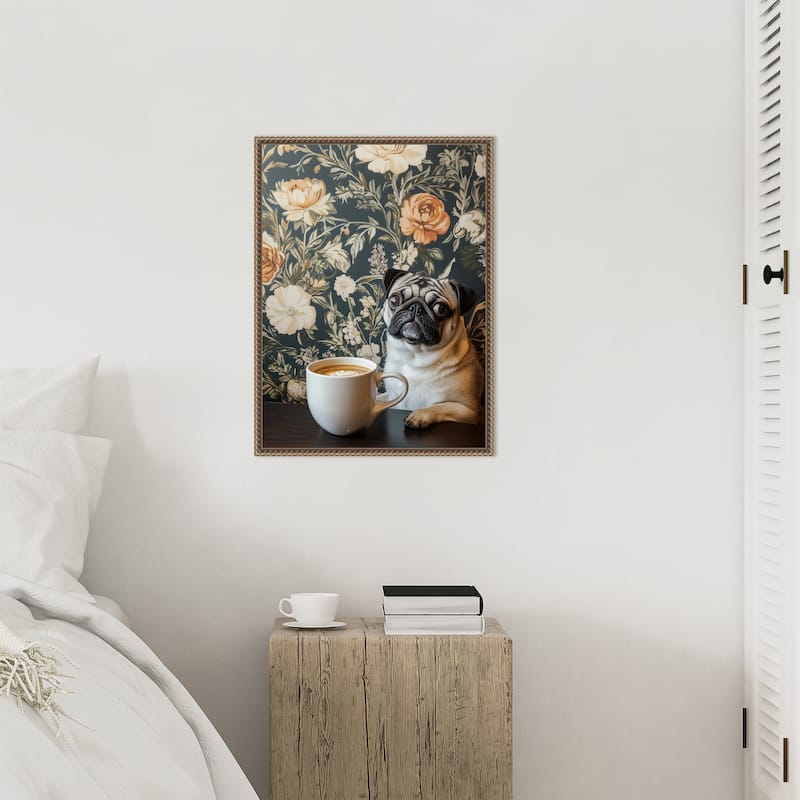 The Latte Loving Pug by Mowzu Framed Canvas Wall Art