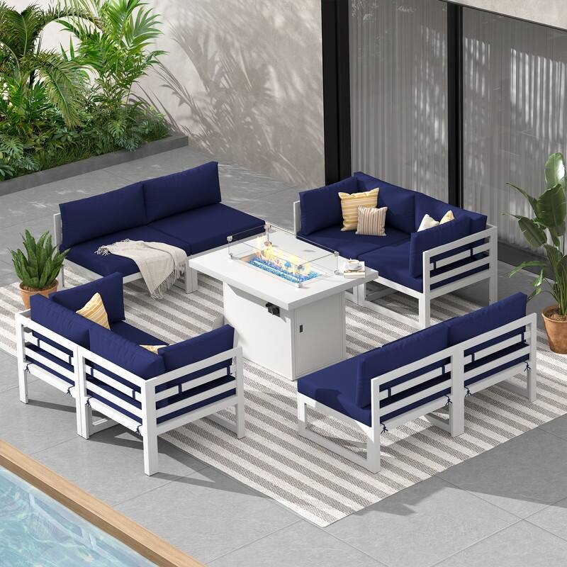 9-Piece Modern Aluminum Outdoor Furniture Set With Fire Pit Table Propane/Gas 60,000 BTU, Extra Large Aluminum Patio Sectional - White Frame - Navy Blue
