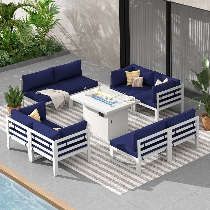 FINCATI 9-piece Extra-large Luxury Aluminum Patio Furniture Set with Deep Seating and Convertible 43'' Fire Pit Table - Navy Blue