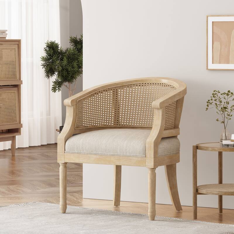 French-Style Accent Chair, Farmhouse Armchair with Rattan Backrest, Upholstered Side Chair with Wooden Frame