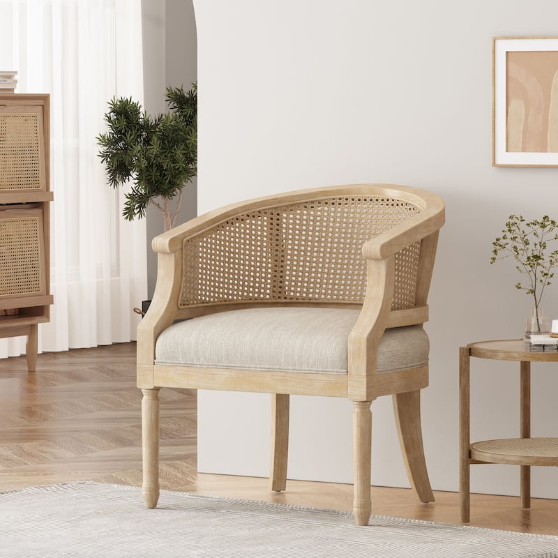 Roomfitters Natural Rattan Barrel Accent Chair, Cane Woven Backrest with Upholstered Seat - Beige
