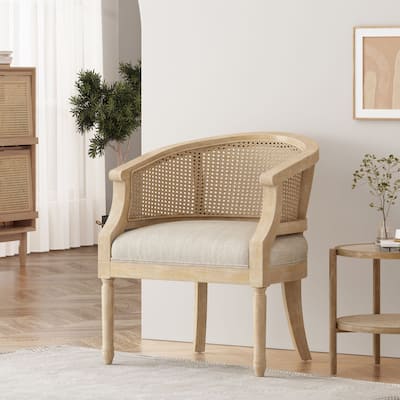 Roomfitters Natural Rattan Barrel Accent Chair, Cane Woven Backrest with Upholstered Seat