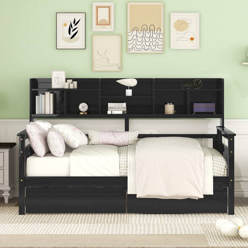 Twin Size Daybed with Wood Slat Support, Bedside Shelves, and Two Drawers in Espresso