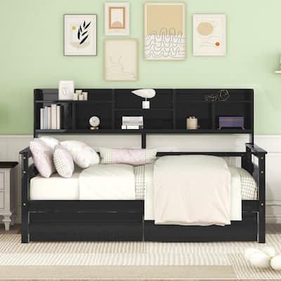 Twin size Daybed, Wood Slat Support, with Bedside Shelves and Two Drawers