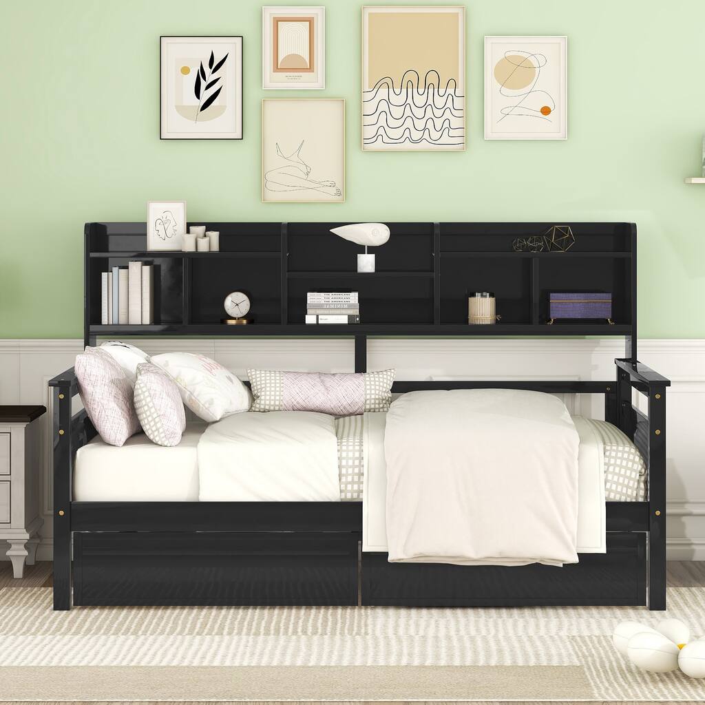 Twin size Daybed, Wood Slat Support, with Bedside Shelves and Two Drawers