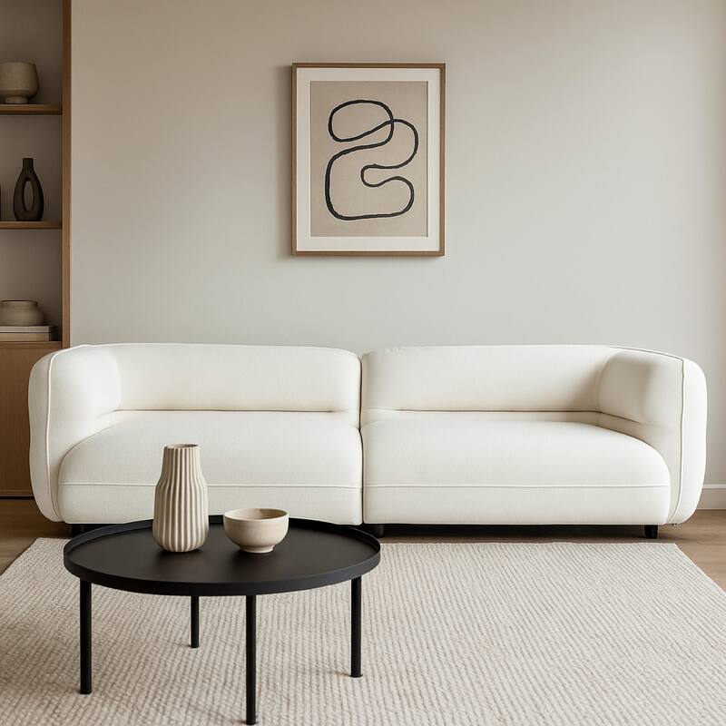 Micy 2pc Sectional Sofa, 116 Inch w 2 Pillows, Textured Ivory Polyester