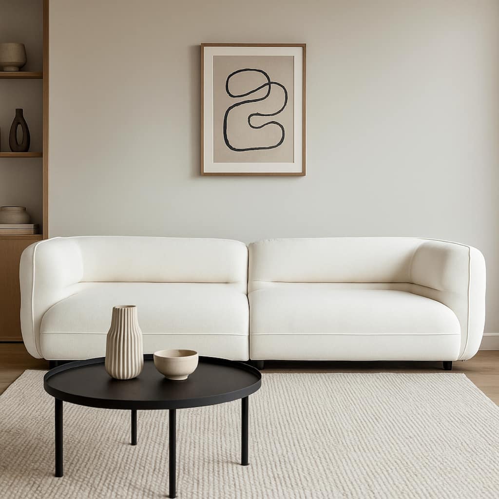 Micy 2pc Sectional Sofa, 116 Inch w 2 Pillows, Textured Ivory Polyester