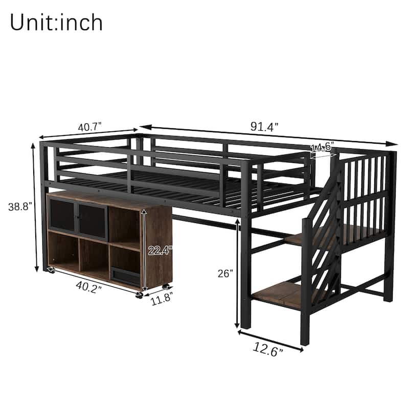 Twin Size Metal Loft Bed with Movable Storage Cabinets, Low Loft Bed Metal Frame Bed with Stairs for Kids