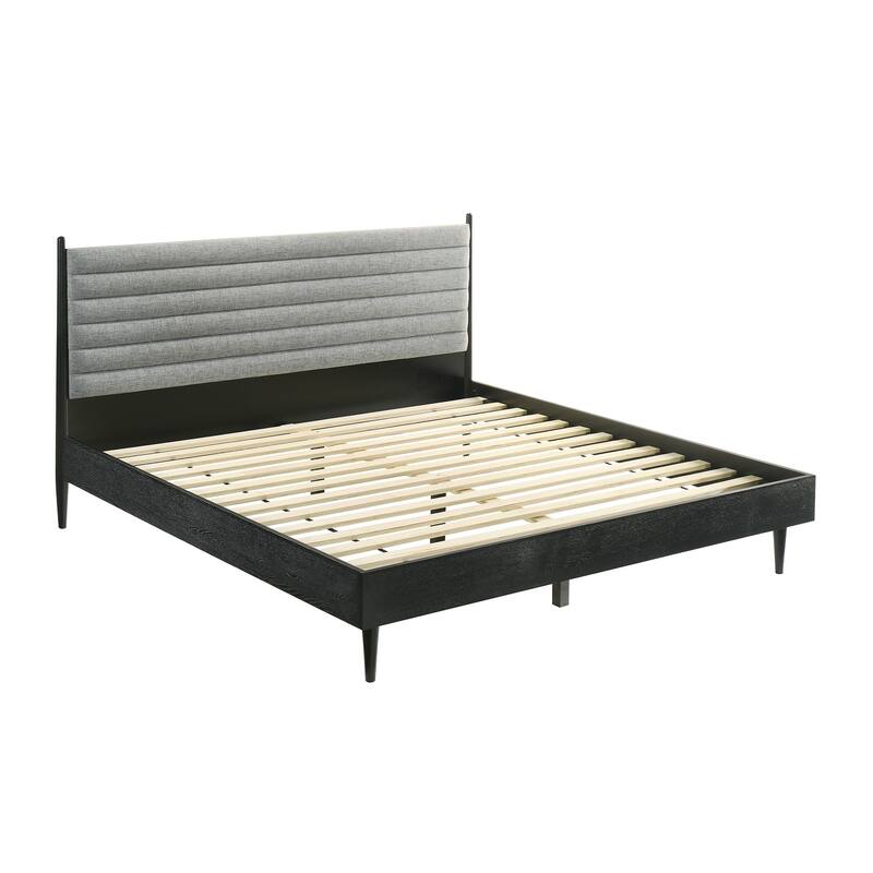 Mian King Platform Bed Frame, Channel Tufted, Black, Gray Upholstery