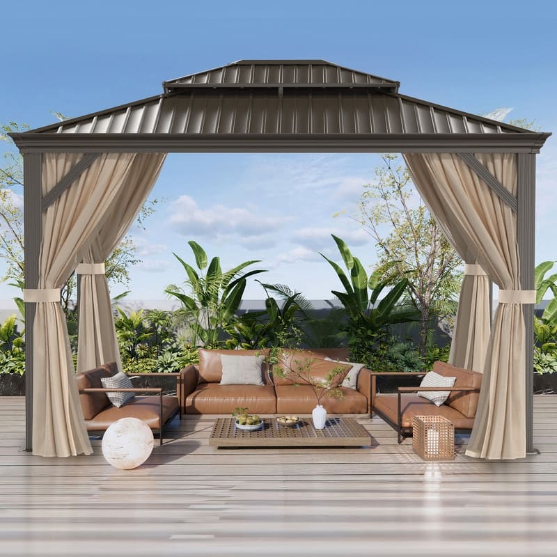 10x12 FT Hardtop Double-top Patio Gazebo with Polyester Curtains and Nettings
