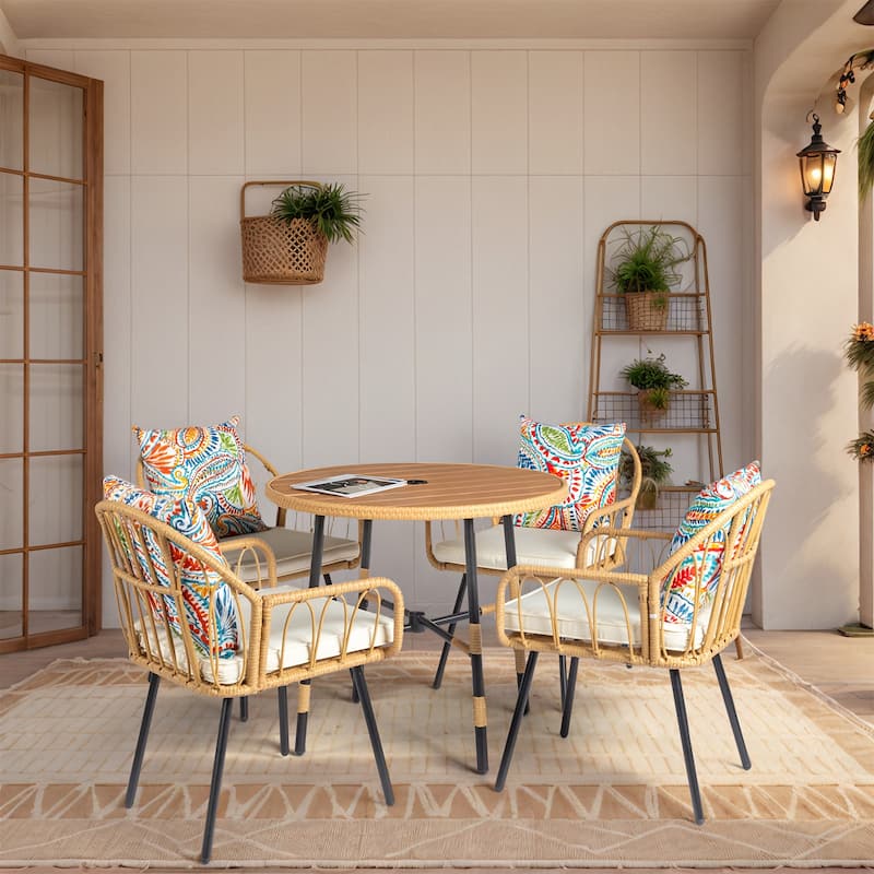 5-Piece Outdoor Patio Dining Round Table Set Included 4 Rattan Chairs with Cushions Seat and Umbrella Hole