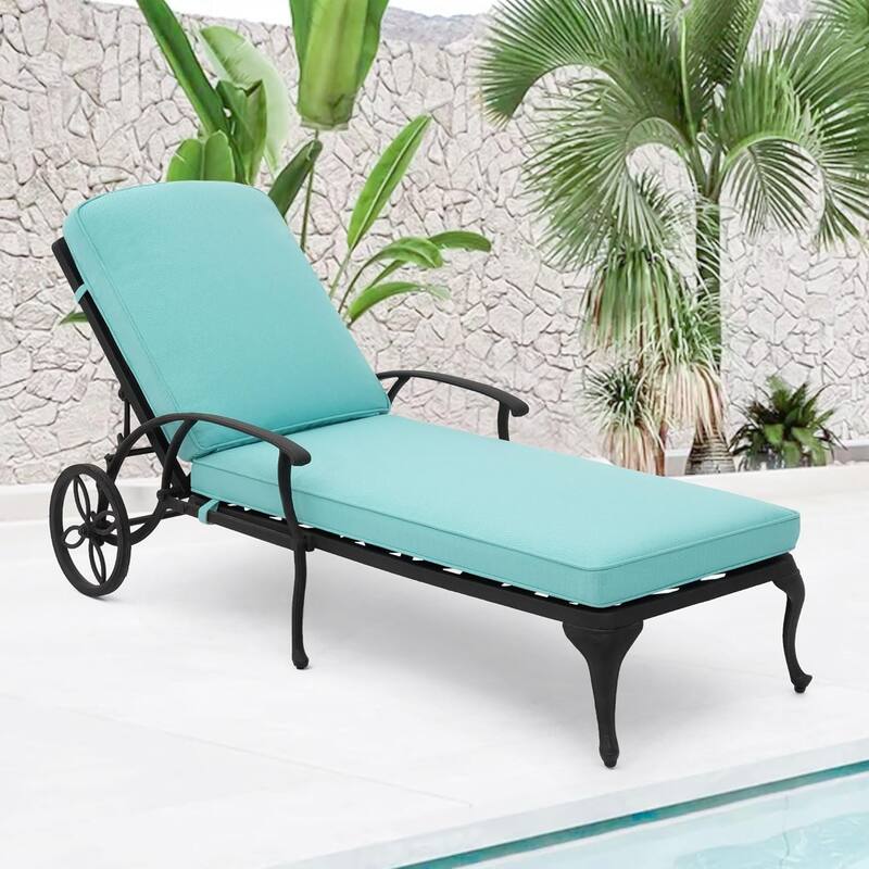 Aluminum Reclining Outdoor Chaise Lounge with Wheels and Cushions - Cyan