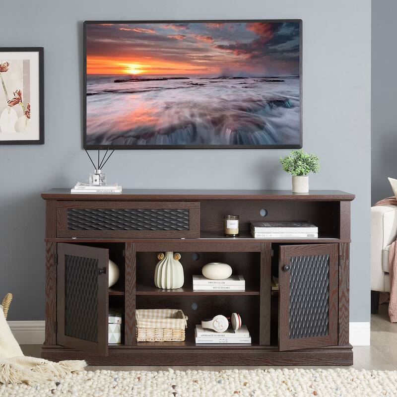 Embossed Pattern TV Stand, TV and Media Console with Open and Closed Storage Space and sliding door