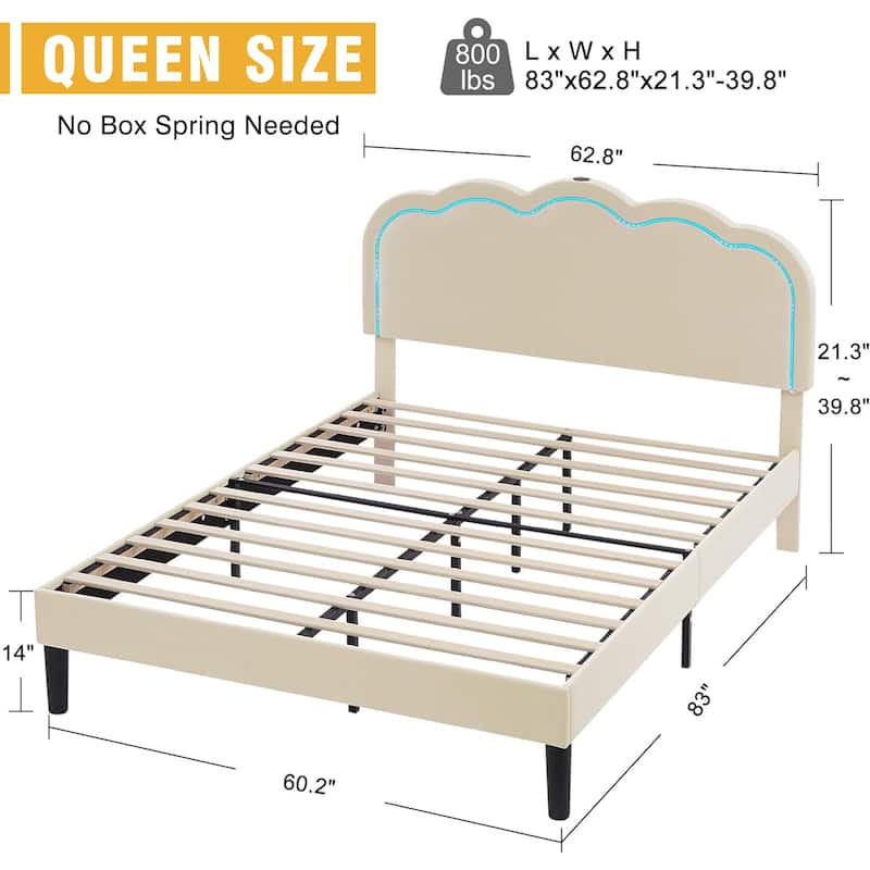 VECELO Luxury Velvet Smart Bed Frame with RGB Headboard & USB/Type-C Charging Height-Adjustable Headboard