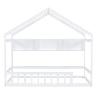 White Pine Wood Playhouse Bed with Roof, Fence & Storage Shelf