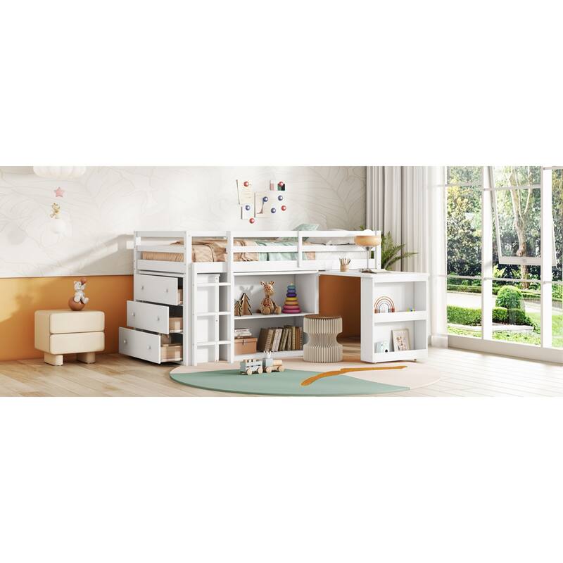Roomfitters Twin Rubber Wood Loft Bed with Storage Cabinets and Pull-Out Desk, Safety Guardrail and Ladder