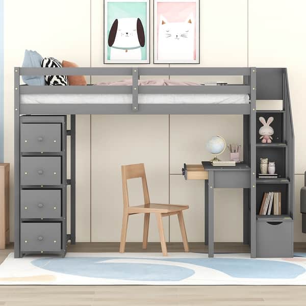 slide 2 of 27, Wood Twin Size Loft Bed with Desk, Storage Stairs, Drawers and Shelves, Solid Wood Twin Bedframe Multi-Functional High Loftbed Gray - Twin