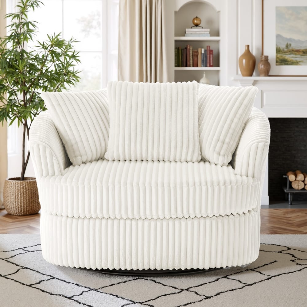 Oversized 43" W Plush Corduroy Swivel Barrel Chair with Pillows