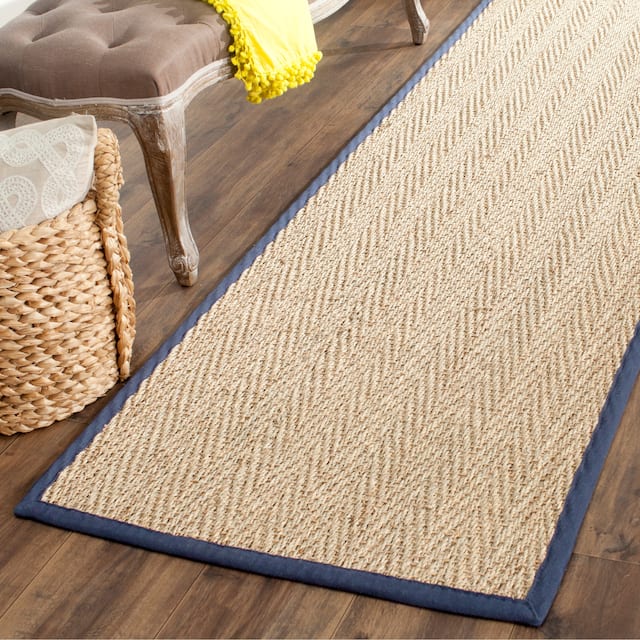 SAFAVIEH Natural Fiber Oceana Herringbone Seagrass Rug - 2'6" x 8' Runner - Natural/Blue