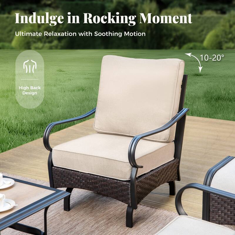 MAISON ARTS Patio Furniture Set with 56" Fire Pit Table, Deep Seating Sofa & Swivel, Rocking, and Fixed Chairs (5 Seats, Beige)