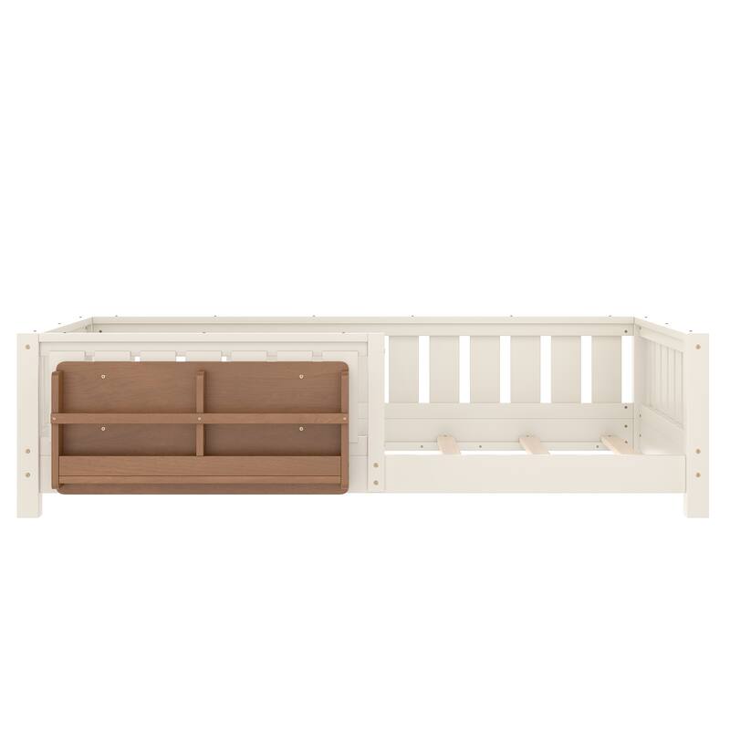 Montessori Floor Bed Low Profile Kids Bed with Rails & Bookshelf