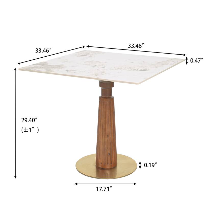 33" Retro Square Side Table, Glass & Sintered Stone Tabletop Dining Table with Solid Wood Pedestal