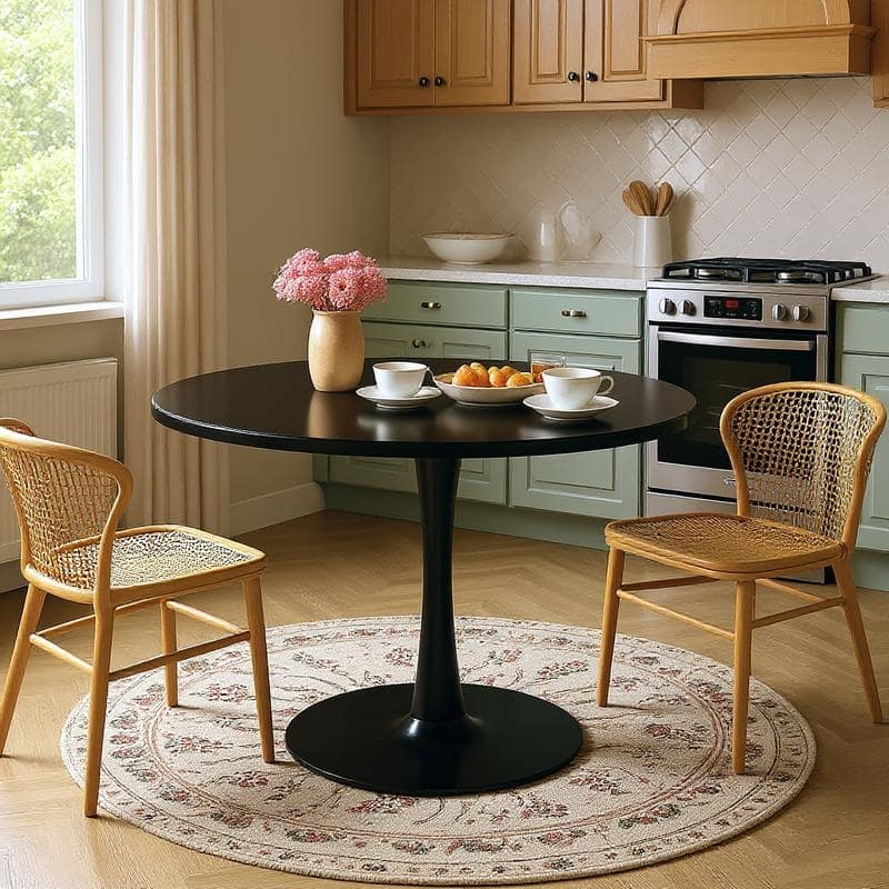 Grondin Mid-Century Modern Round Kitchen or Dining Table with Premium MDF Top and Steel Pedestal Base for Dining Room