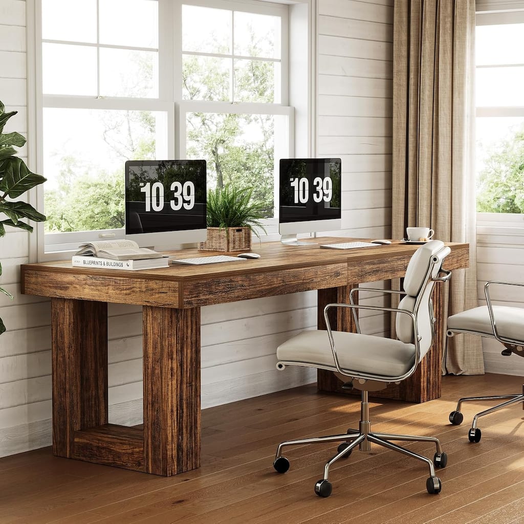 Wooden Large Two Person Desk, 86.6 Inches Extra Long Computer Desk, Double Computer Writing Table