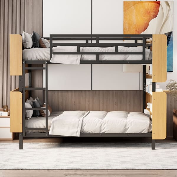 slide 2 of 16, Full Over Full Size Metal Convertible Bunk Bed Frame w/ Unique Storage Headboard & Shelves, Black Detachable Iron Bed for Teens Black - Full