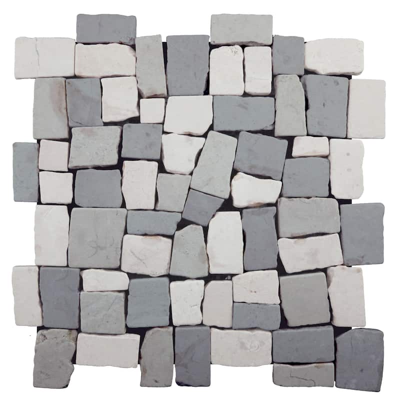 Block Mosaic 11 in. x 11 in. Marble Mesh-Mounted Mosaic Wall and Floor Tile - Light Grey & Off-White - 11 in. x 11 in.