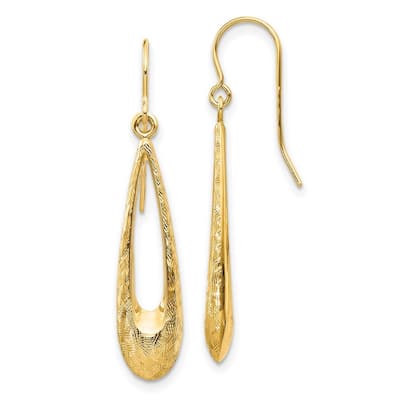 Curata 14k Yellow Gold 39x7mm Textured Teardrop Dangle Earrings