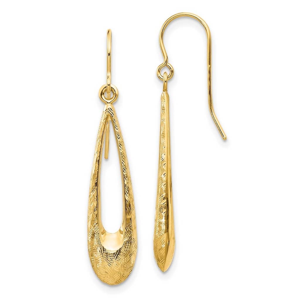 Curata 14k Yellow Gold 39x7mm Textured Teardrop Dangle Earrings