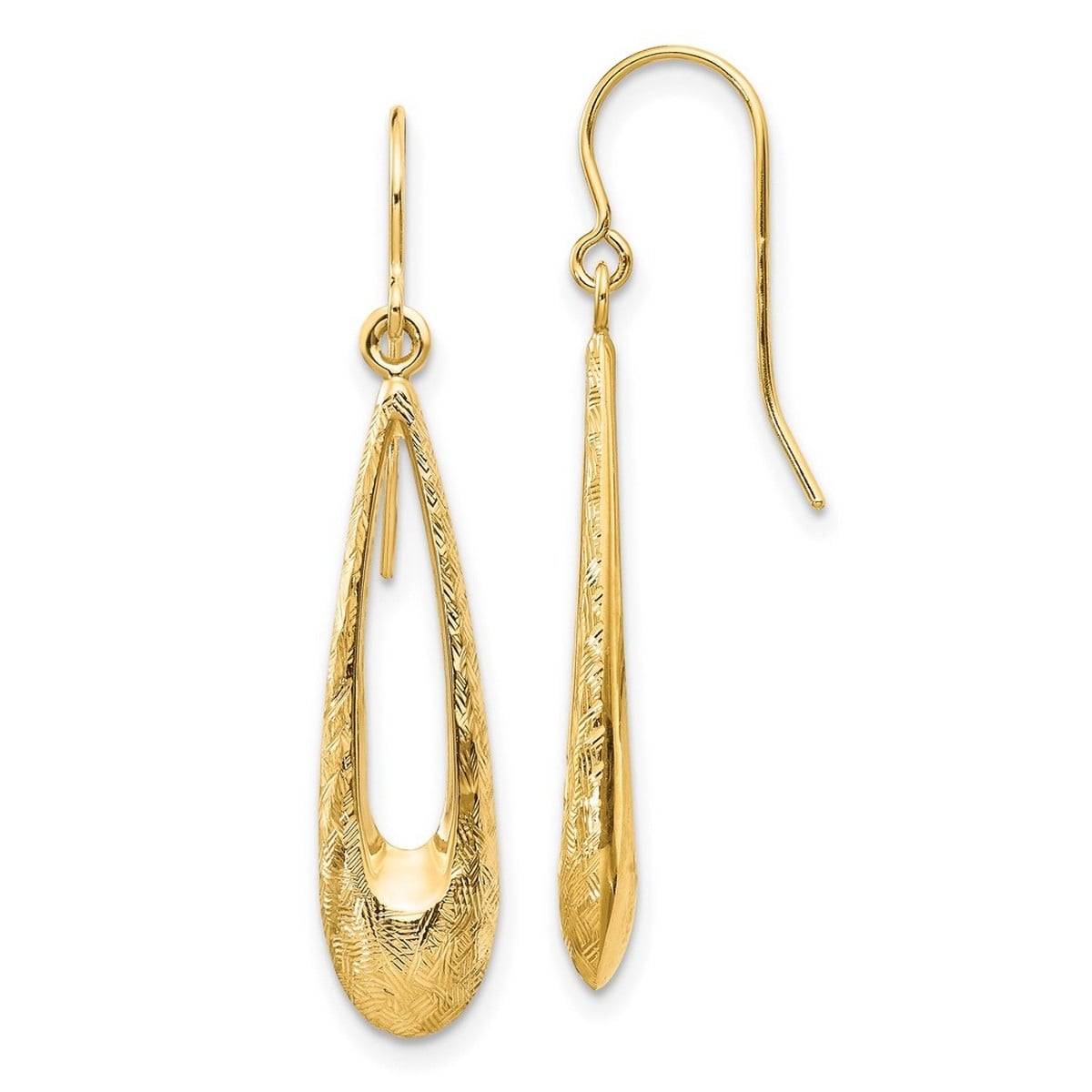 Curata 14k Yellow Gold 39x7mm Textured Teardrop Dangle Earrings