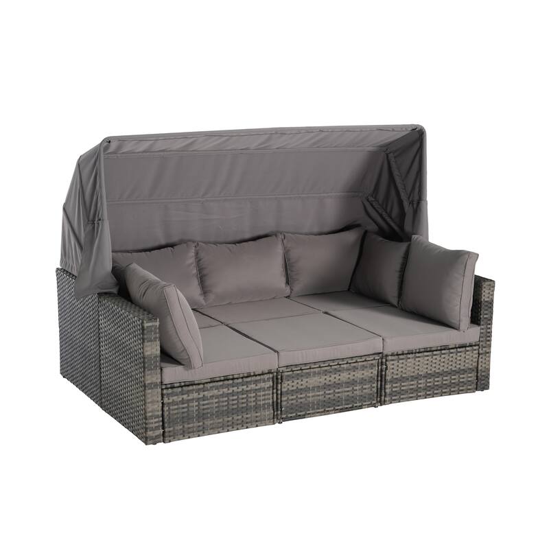 5-Piece Outdoor Patio Wicker Daybed Set with Retractable Canopy, Storable Table