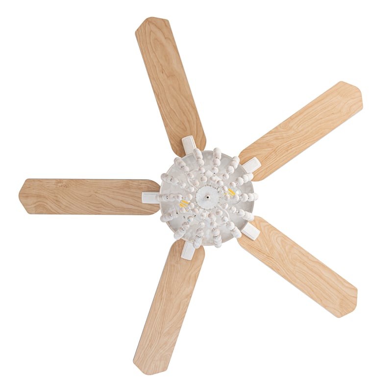 48" White Coastal Bohemian Wooden Bead Flush Mount Ceiling Fan with Light and Remote