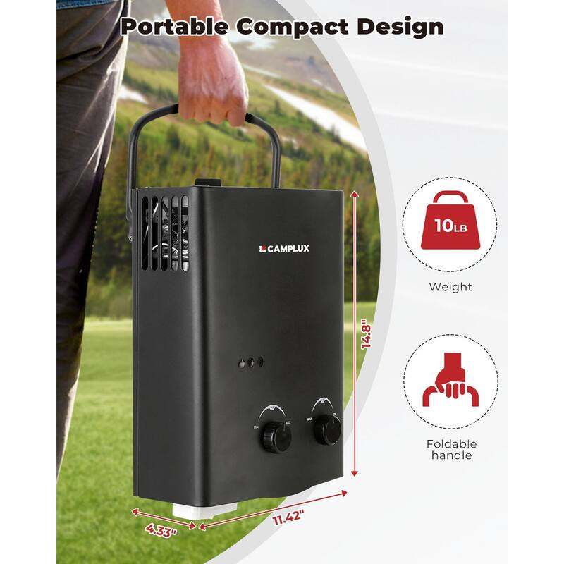CAMPLUX 1.32 GPM Outdoor Portable Propane Tankless Water Heater with Water Pump Kit