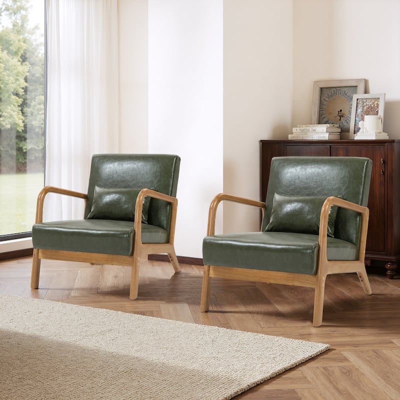 2 Set Mid-Century Modern Faux Leather Accent Chairs with Cushion