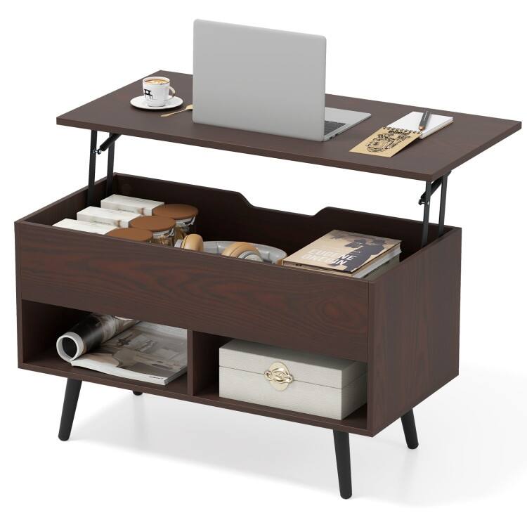 31.5 Inch Lift Top Coffee Table with Hidden Compartment and 2 Storage Shelves - 31.5" x 15.5" x 17.5" (L x W x H)