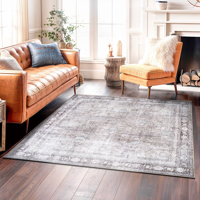 World Rug Gallery Vintage Inspired Machine Washable Non Slip Area Rug - 6' 7" SQUARE - Olive - Square