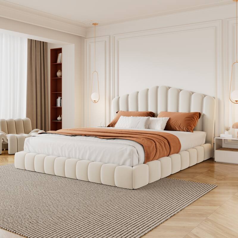 Velvet Upholstered Queen Bed Frame Floor Bed Shell-Shaped Headboard Wingback Frame Bed, No Box Spring Needed