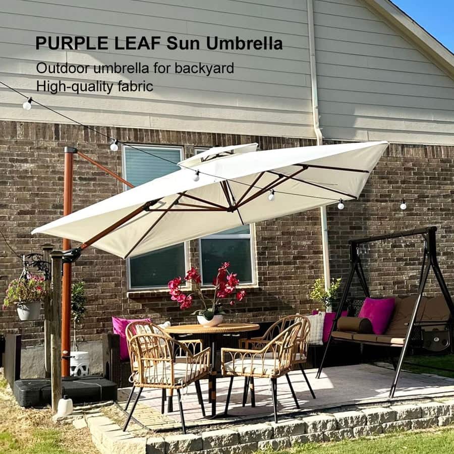 PURPLE LEAF 11ft Square Wood Pattern Patio Cantilever Umbrella with Base