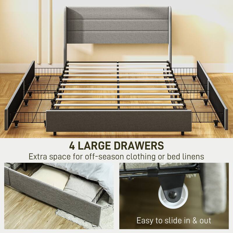 Upholstered Queen Bed Frame with Storage Drawers, Wood Slats Support, Noise-Free, Easy Assembly, Light Gray