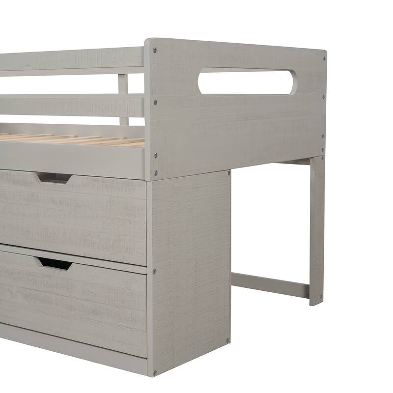 Twin Solid Pine Loft Bed with Shelves, Drawers, and Guardrail