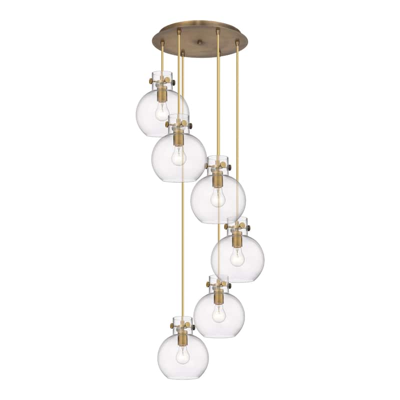 Innovations Lighting Newton Sphere - 6 Light 8" Cord Hung Multi Pendant - 14" Canopy - Clear/Brushed Brass
