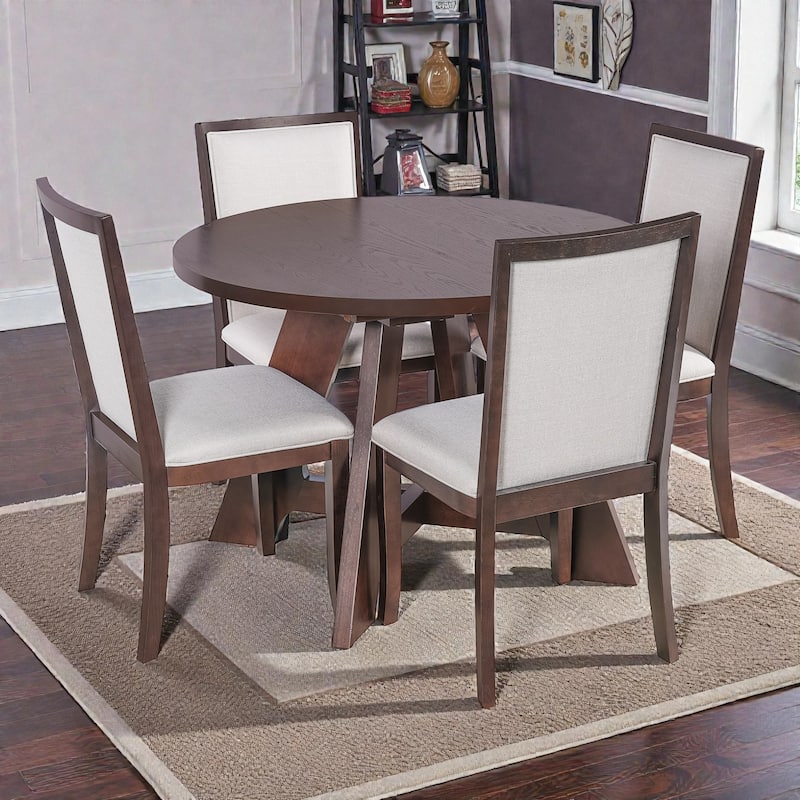 5-Piece Farmhouse Extendable Round Dining Table Set with 18" Removable Leaf and 4 Upholstered Chairs for Small Spaces - Espresso