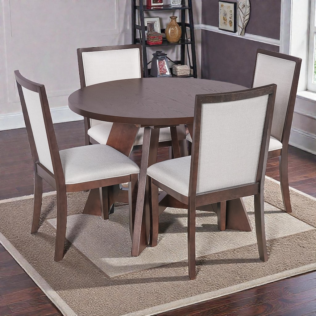 5-Piece Farmhouse Extendable Round Dining Table Set with 18" Removable Leaf and 4 Upholstered Chairs for Small Spaces