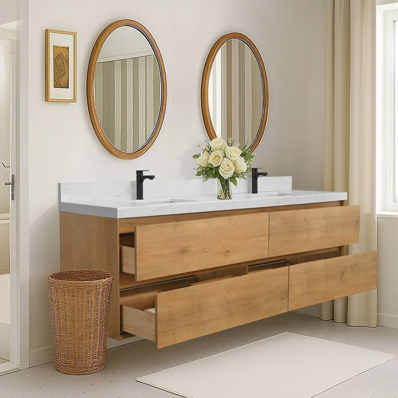 Sylphar 84 in. Toffee Oak Bath Vanity with Undermount Sink, 3 Top Options