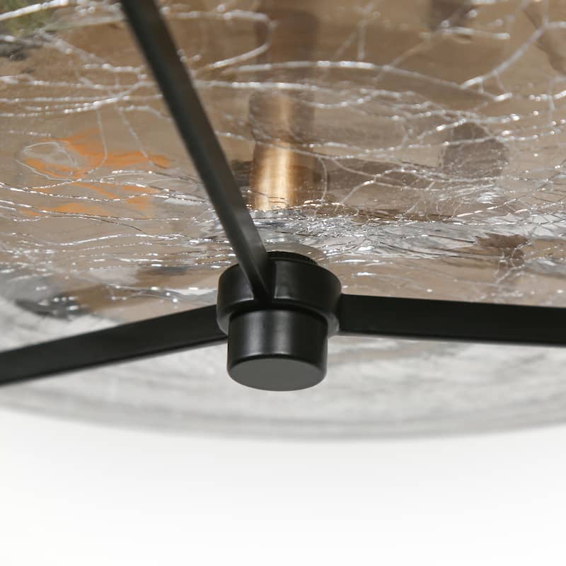 Modern Farmhouse Flush Mount Light Textured Cracked Glass LED 3-light for Hallway - Black & Gold - D15" x H 5"