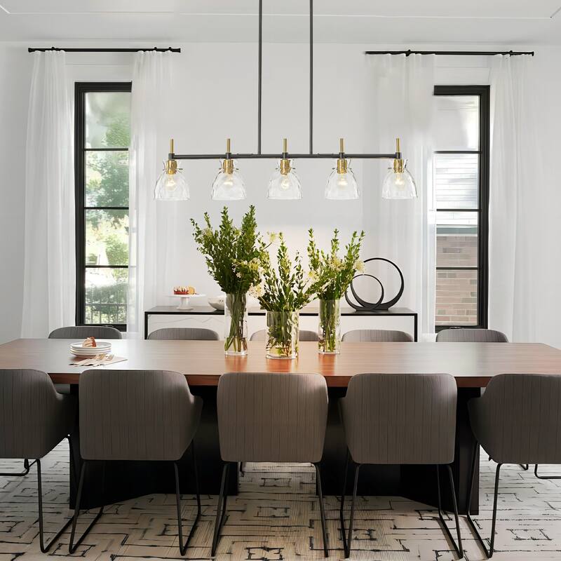 5-Light Modern Industrial Black & Gold Textured Glass Linear Pendant Light- Adjustable Hanging Ceiling Fixture for Dining Room,