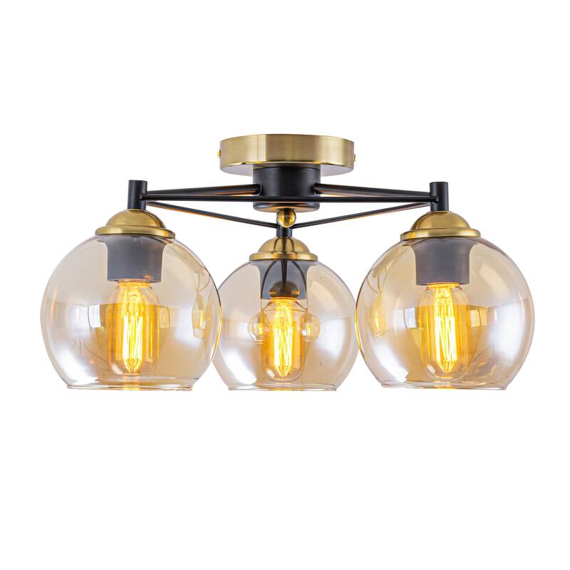 3 Lights Gold Flush Mount Ceiling Light with Amber Glass Globes - Dia.17.72-in